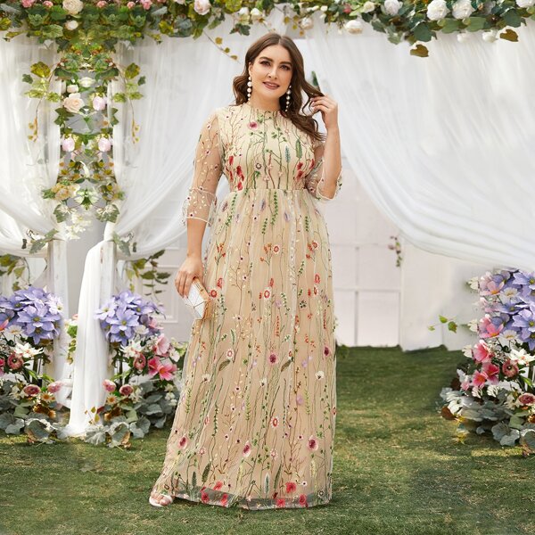 

Plus Embroidery Mesh Maxi Dress, Beige