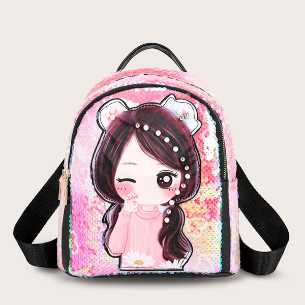 

Girls Figure Graphic Faux Pearl Decor Backpack, Pink