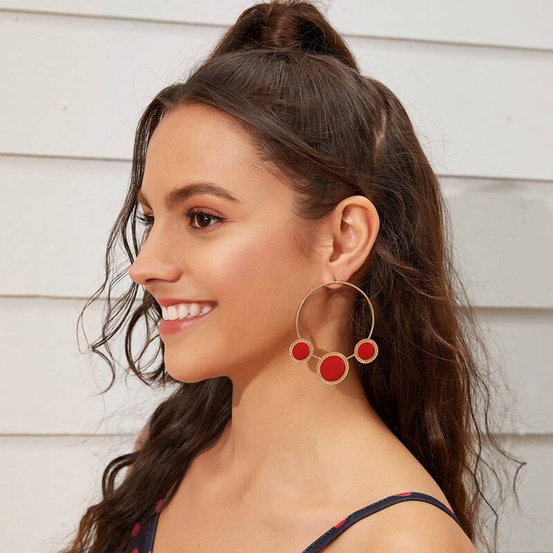 

1pair Geometric Decor Hoop Earrings, Red
