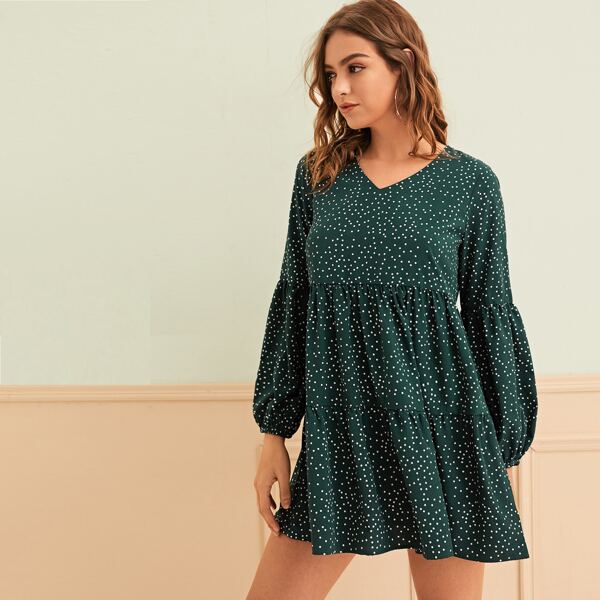 

Polka Dot Bishop Sleeve Babydoll Dress, Green