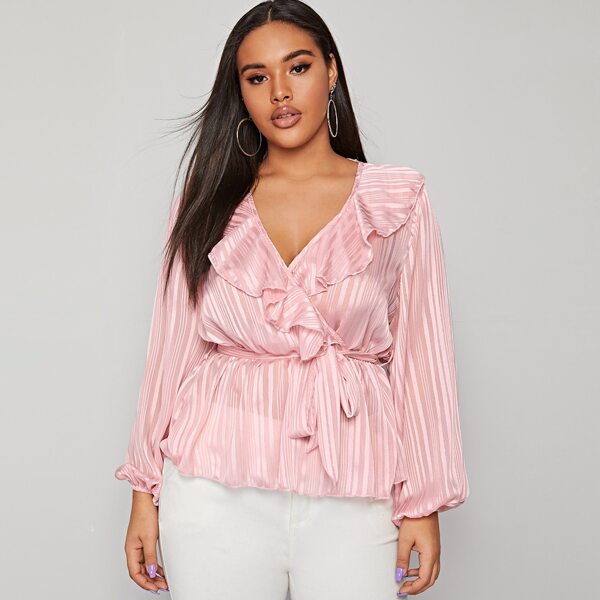 

Plus Ruffle Trim Lantern Sleeve Belted Peplum Top, Pink pastel