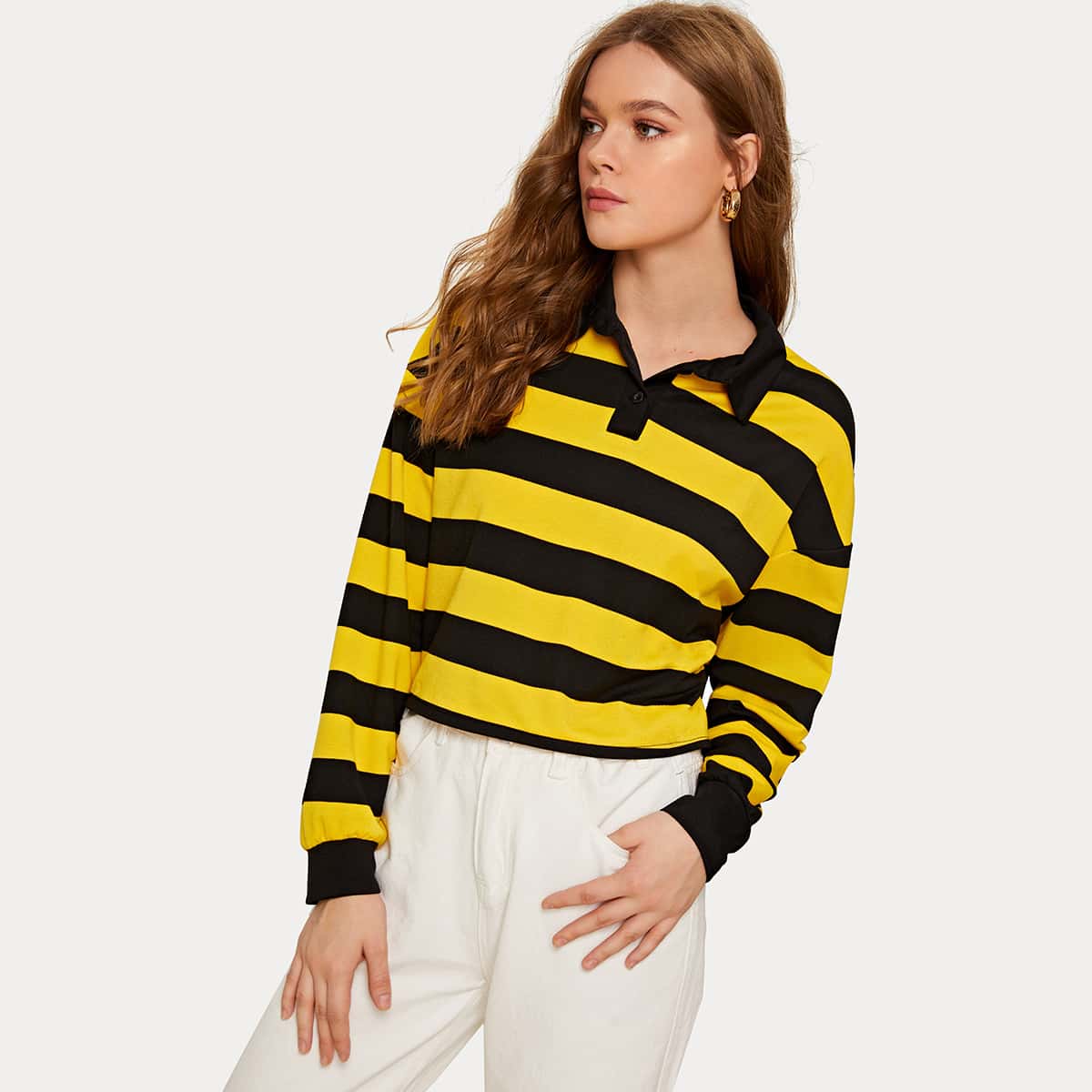

Striped Polo Neck Crop Sweatshirt, Multicolor