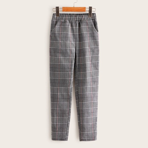 

Брюки с эластичной талией в клетку для девочек, Серые