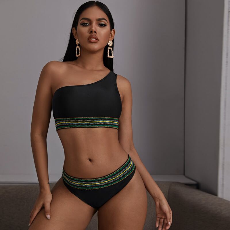 

Contrast Trim One Shoulder Bikini Swimsuit, Black