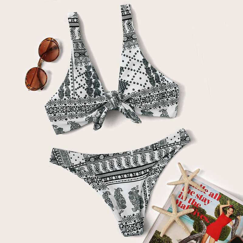 

Tribal Knot Front Top With Cheeky Bikini Set, Multicolor