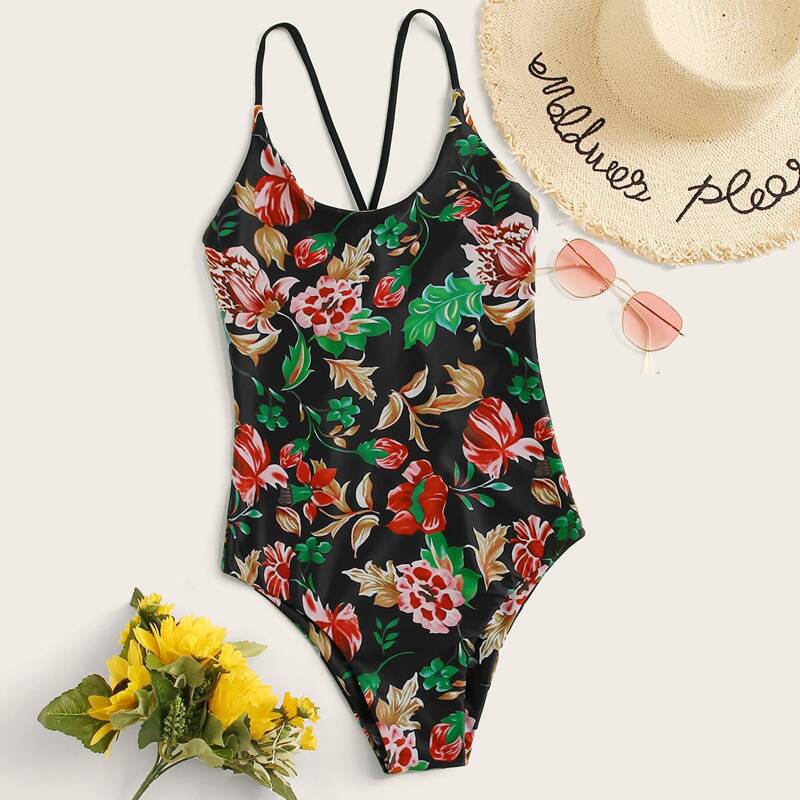 

Floral Random Print Tie Back One Piece Swimsuit, Multicolor