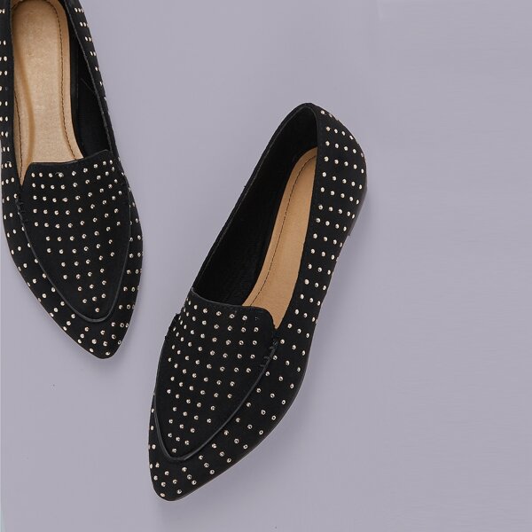 

Pointed Toe Studded Slip On Smoking Flats, Black