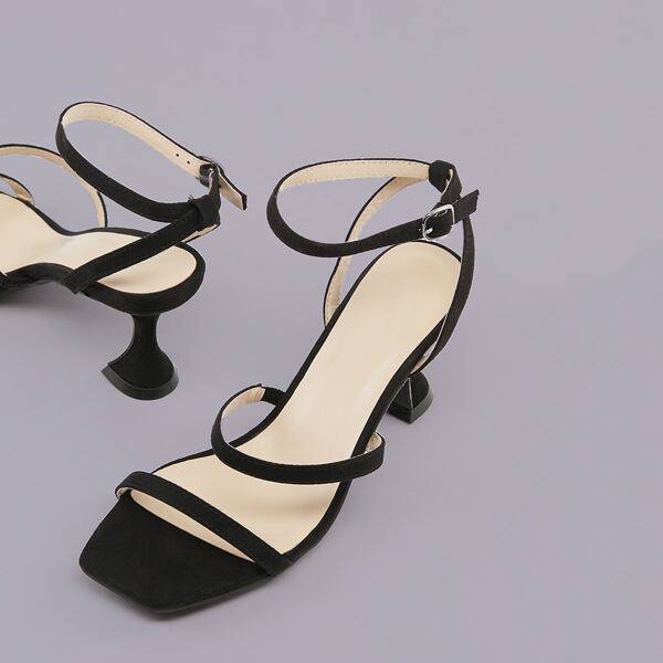 

Sculpted Heel Square Toe Ankle Strap Sandals, Black