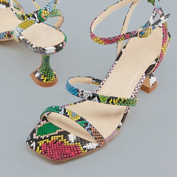 

Snakeskin Sculpted Heel Square Toe Sandals, Multicolor