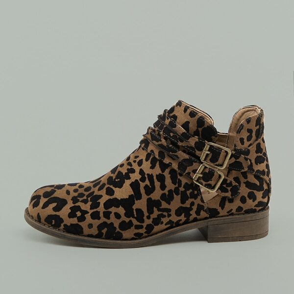 

Twin Buckles Flat Leopard Ankle Boots, Brown