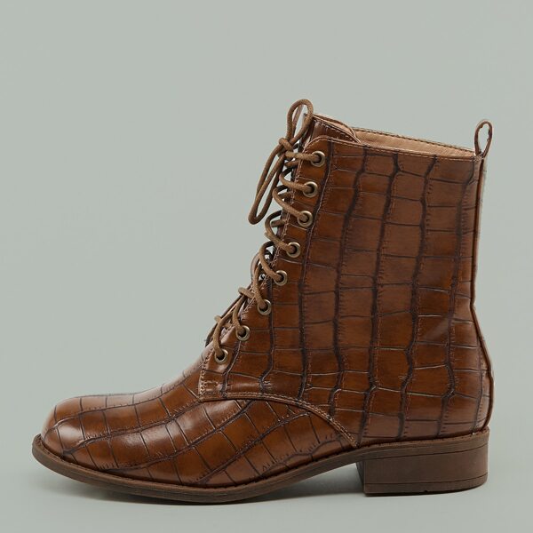 

Lace Front Crocodile Combat Boots, Coffee brown