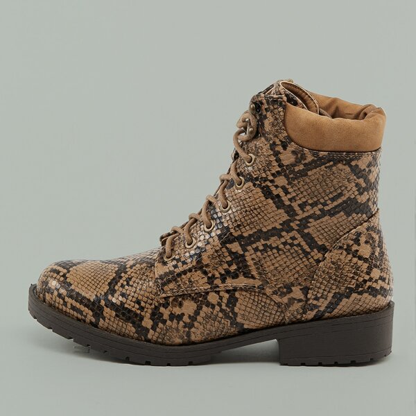 

Padded Cuff Lace Up Lug Sole Snake Military Boots, Multicolor