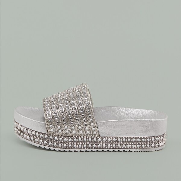 

Diamante Band Foam Flatform Slide Sandals, Silver