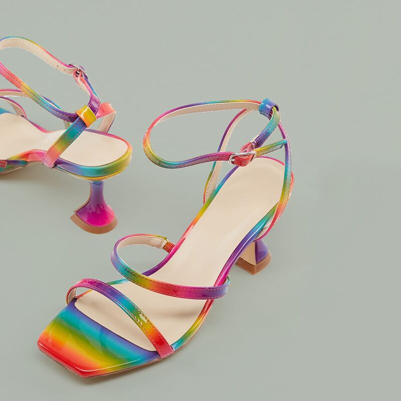 

Rainbow Square Open Toe Kitten Heel Sandals, Multicolor