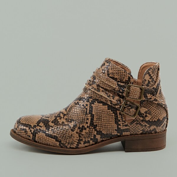 

Almond Toe Two Buckle Shaft Low Heel Booties, Multicolor