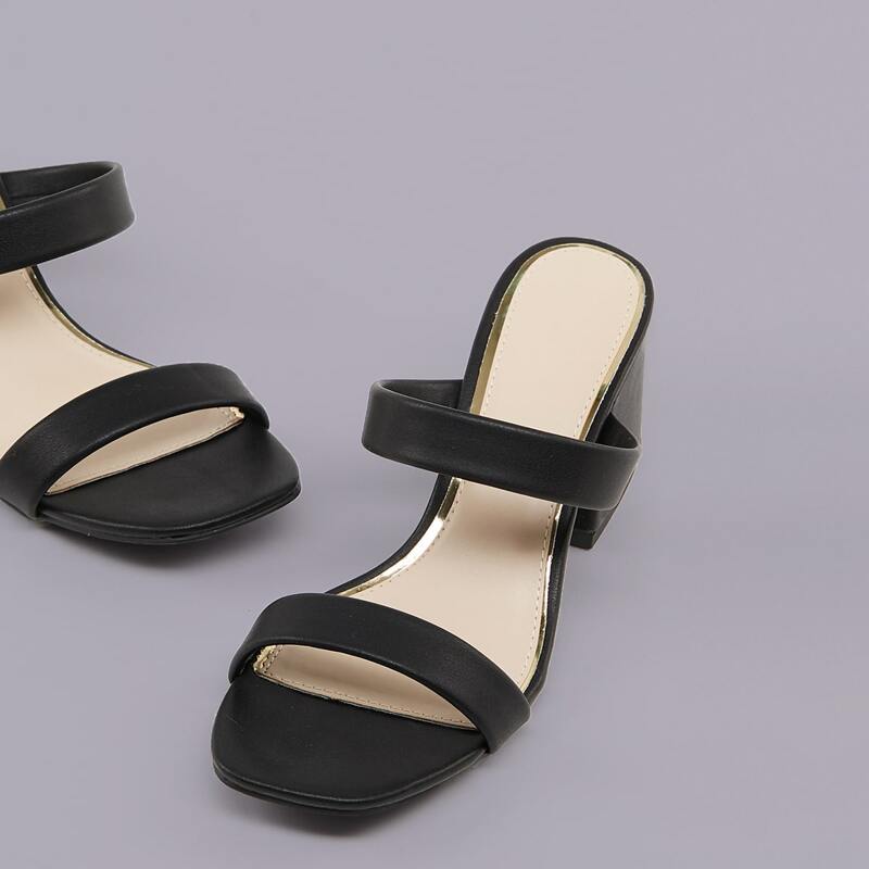 

Square Open Toe Double Band Low Block Heel Sandals, Black