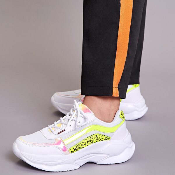 

Neon Lime Contrast Leopard Chunky Sneakers, White