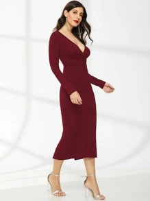 SHEIN 交叉領後開衩鉛筆連衣裙 - 酒紅色 - 查看 4