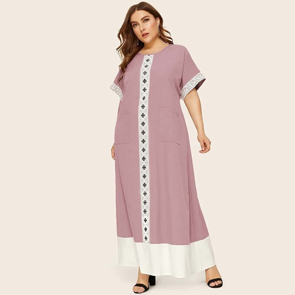 

Plus Lace Insert Patch Pocket Tent Dress, Pastel dusty pink