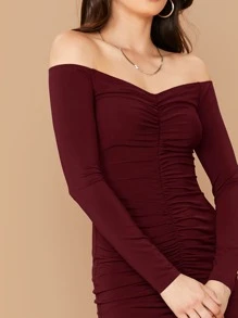 SHEIN BAE Vestido ajustado fruncido de hombros descubiertos - Burdeos - Ver 4