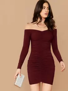 SHEIN BAE Vestido ajustado fruncido de hombros descubiertos - Burdeos - Ver 1