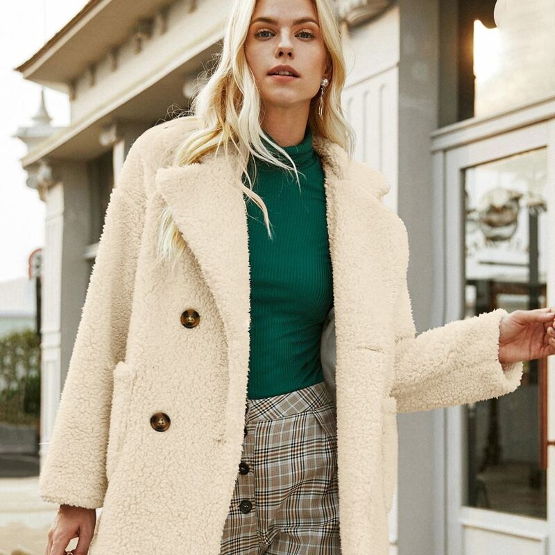 

Double Button Pocket Teddy Coat, Beige