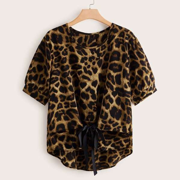 

Plus Leopard Print Tie Front Blouse, Multicolor