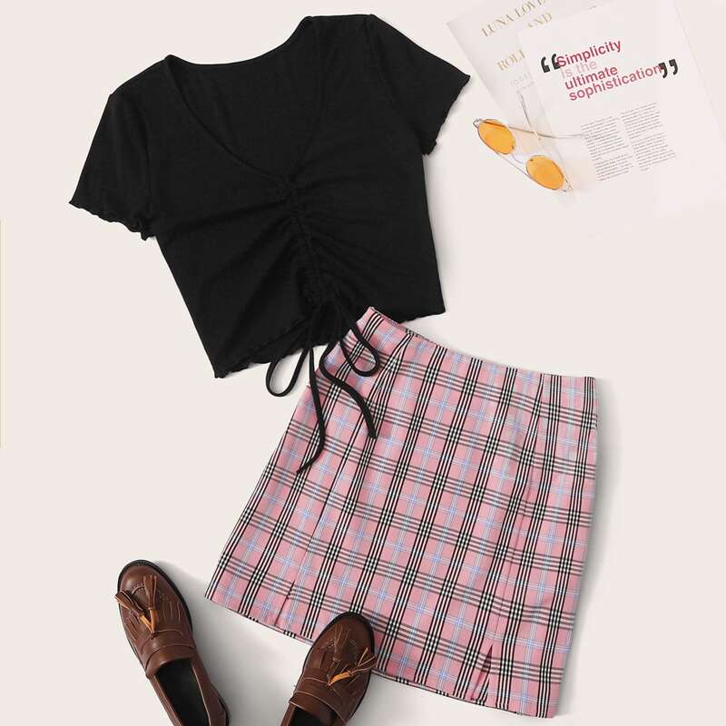 

Drawstring Front Lettuce Trim Top & M-slit Hem Plaid Skirt Set, Multicolor