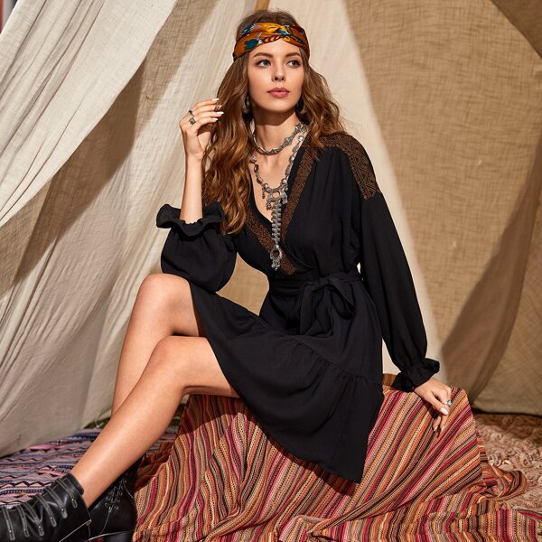 

Geo Pattern Surplice Front Belted Dress, Black