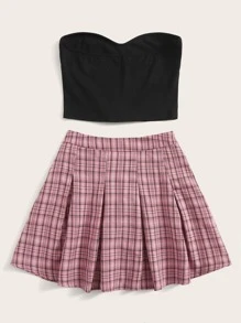 Muchica Solid Crop Tube Top & Plaid Pleated Skirt Set - Multicolor - View 2