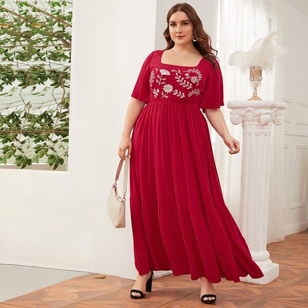 

Plus Flutter Sleeve Floral Embroidered Ruffle Hem Dress, Red