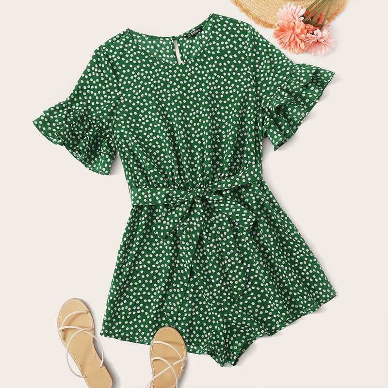 

Ditsy Floral Flounce Sleeve Belted Romper, Green