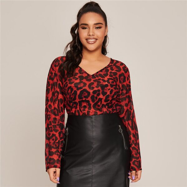 

Plus Leopard Print Sheer Top, Multicolor
