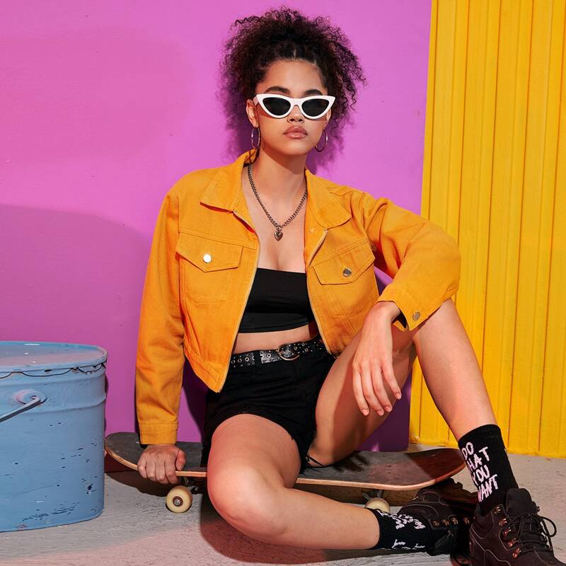 Solid Flap Pocket Denim Trucker Jacket, Yellow