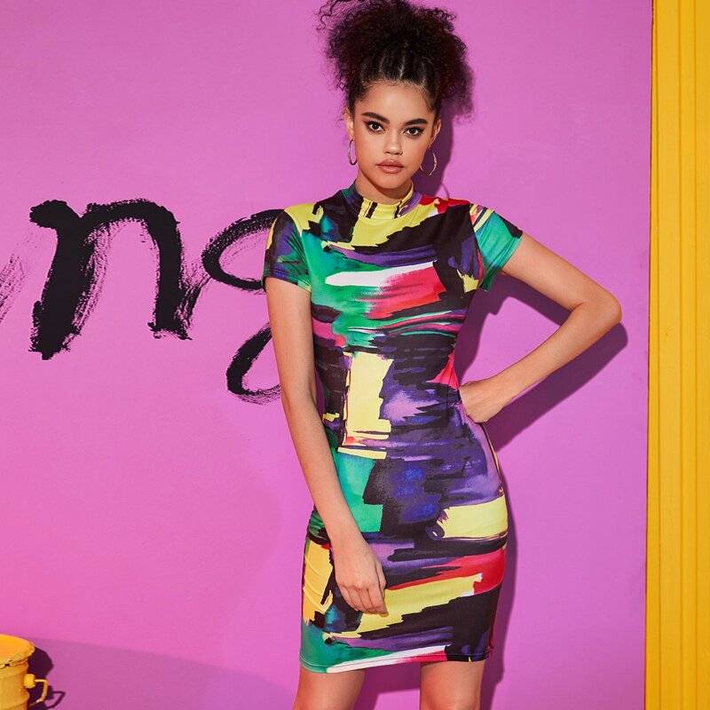 

Mock-neck Brush Stroke Print Bodycon Dress, Multicolor