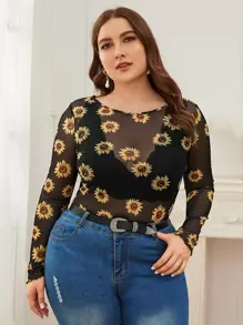 Mulvari Plus Floral Mesh Sheer Top Without Bra
