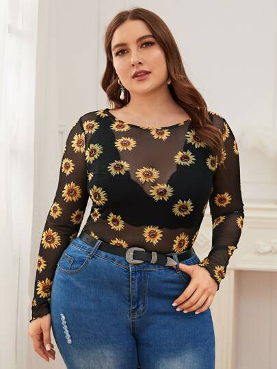 Modelyn Plus Floral Mesh Sheer Top Without Bra
