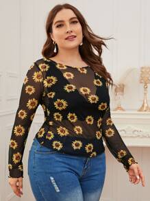 Mulvari Plus Floral Mesh Sheer Top Without Bra