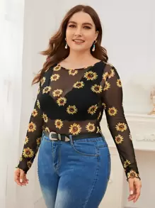 Mulvari Plus Floral Mesh Sheer Top Without Bra