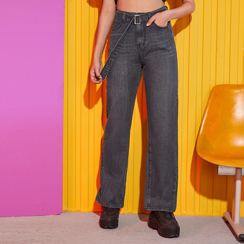 

Buckle Belted Straight Leg Jeans, Grey