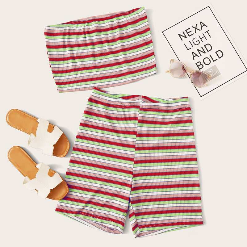 

Colorful Striped Tube Top & Shorts, Multicolor