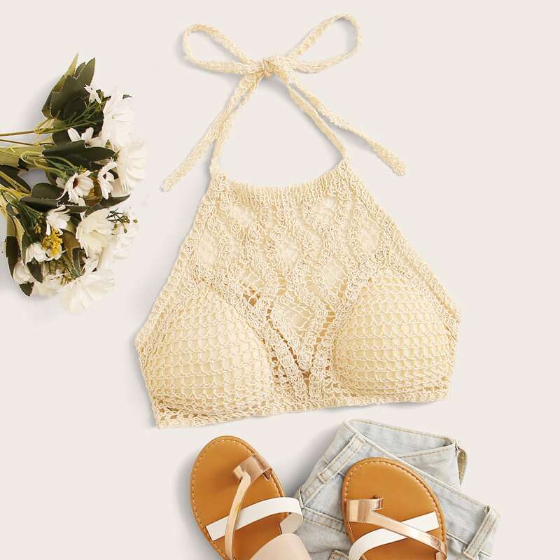 

Crochet Crop Halter Top, Beige