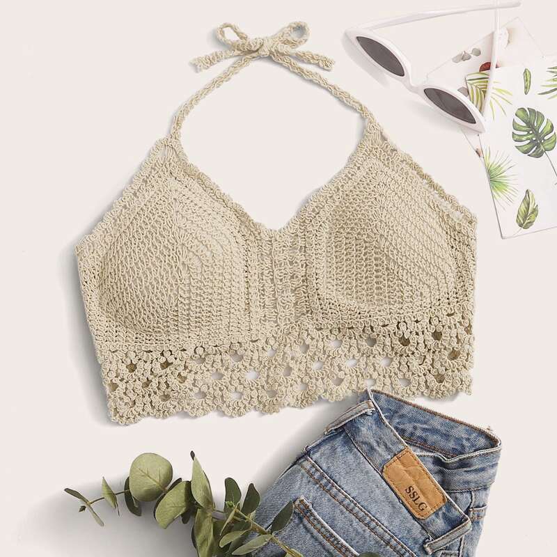 

Crochet Crop Halter Top, Beige