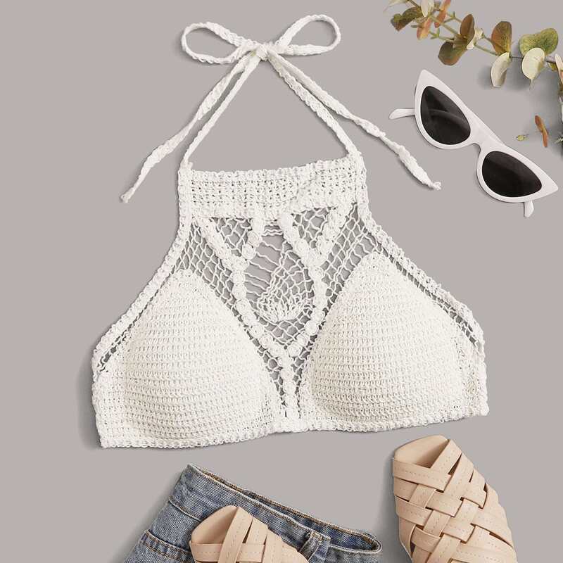

Crochet Backless Halter Top, Beige