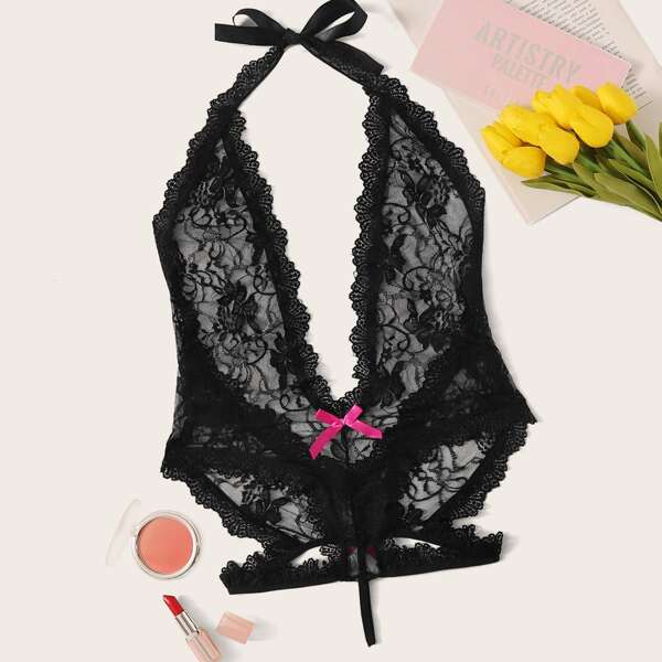 

Floral Lace Plunging Halter Teddy Bodysuit, Black