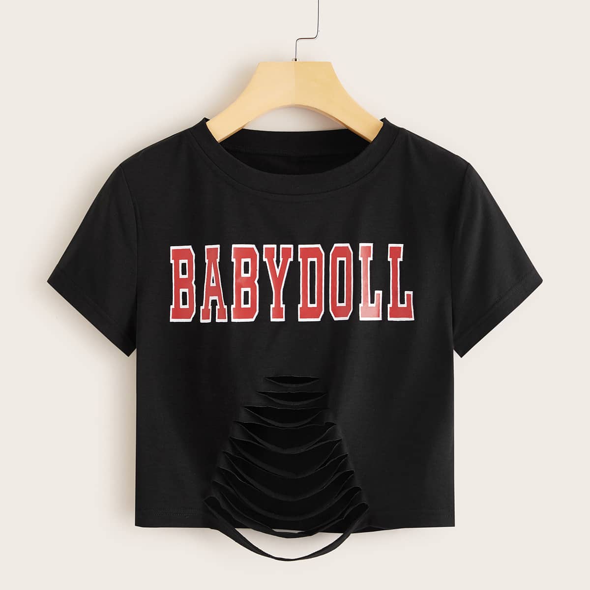 

Letter Graphic Ripped Crop Top, Black