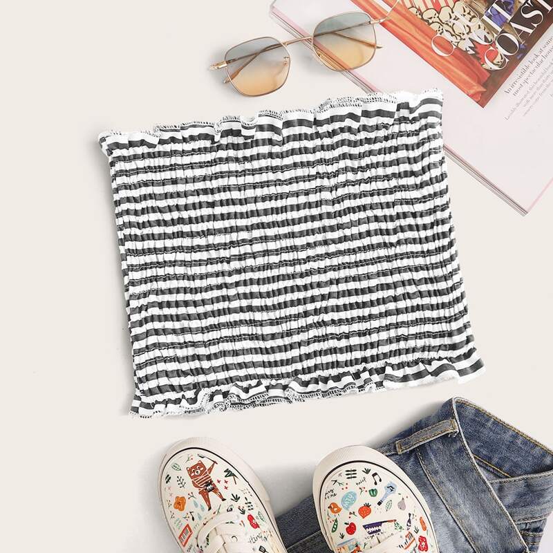 

Striped Shirred Tube Top, Black and white