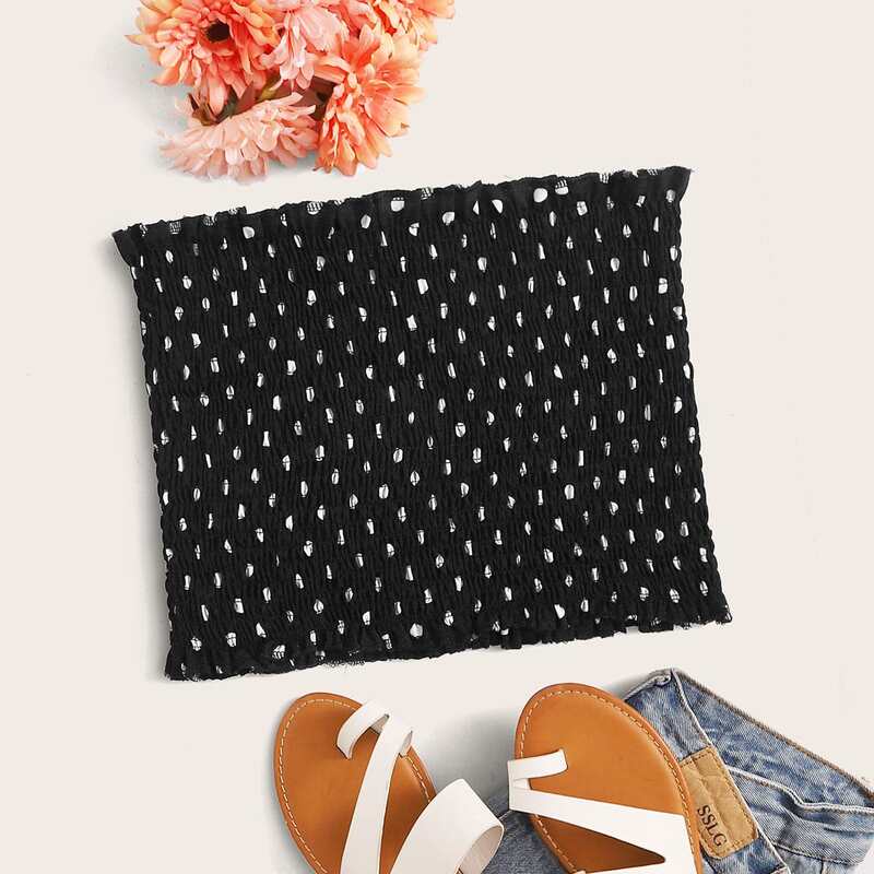

Polka Dot Shirred Tube Top, Black