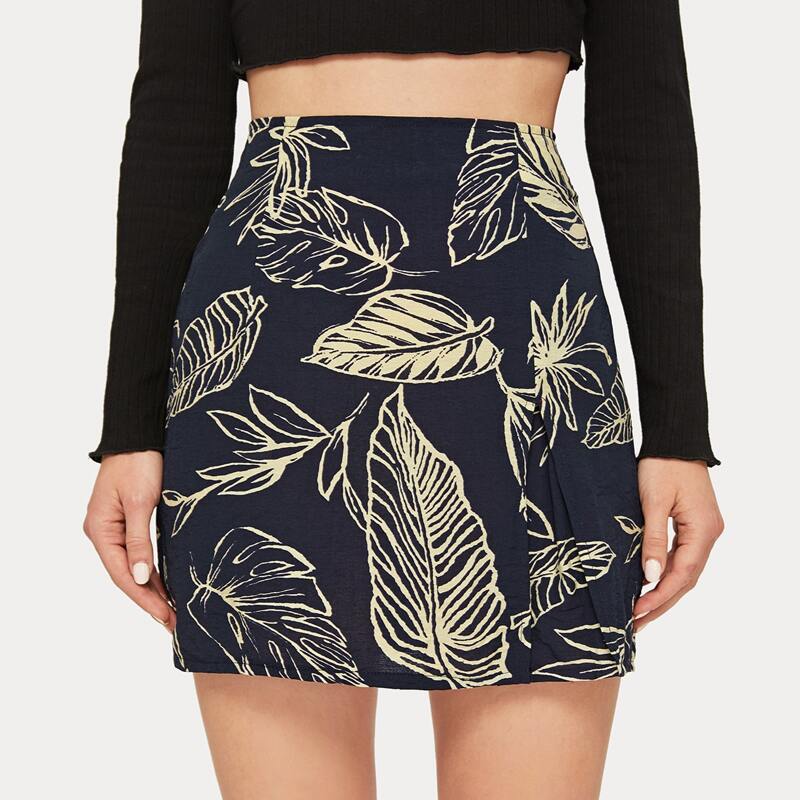 

Leaf Print Split Mini Skirt, Multicolor