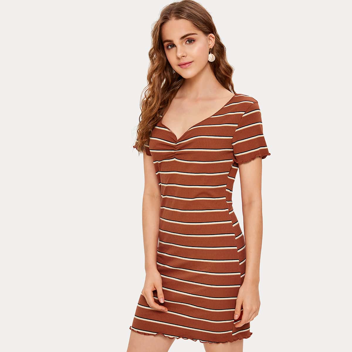 

Striped Lettuce Trim Tee Dress, Brown
